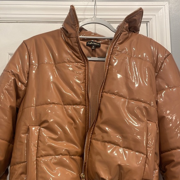 Brown faux leather jacket with outside pockets - Picture 2 of 4